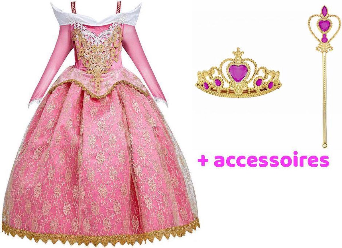 Aurora Jurk Doornroosje | Prinsessenjurk Meisje | Verkleedkleren Meisje | Doornroosje Jurk | 98/104|Prinsessen Verkleedkleding | Carnavalskleding Kinderen | + Kroon en Toverstaf | Roze